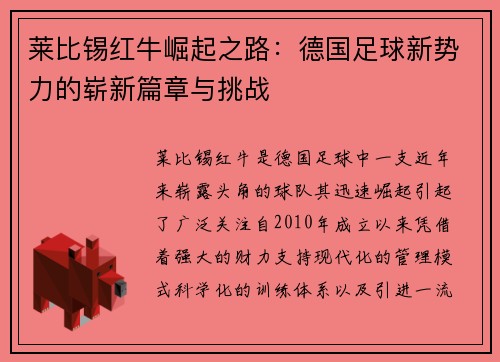 莱比锡红牛崛起之路：德国足球新势力的崭新篇章与挑战